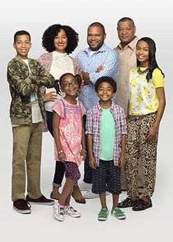 BLACK-ISH - "Black-ish" stars Marcus Scribner as Andre Jr., Tracee Ellis Ross as Rainbow, Marsai Martin as Diane, Anthony Anderson as Dre, Miles Brown as Jack, Laurence Fishburne as Pops and   Yara Shahidi as Zoey.  (ABC/Craig Sjodin)